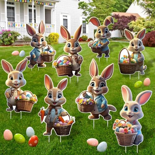 Osterhasen Gartenstecker, 8 Stück Ostern Hof Schild, 2D Ostern Werbeschilder, Oster Hofschilder Dekorationen Wetterfest, Bunny Gartenschild, Oster-n Deko für Garten Rasen Yard