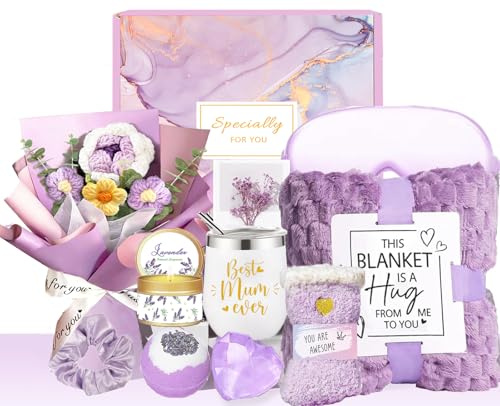 Mothersdaygifts for Mum,Birthday Pamper Gifts for Best Mum from Daughter Son,12-Purple Lavender Spa Blanket Basket Gift Setw/Crochet Flower Bouquet for Mum Mom Grandma new Mum to be