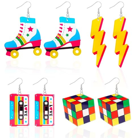 RAOPNHS 4 Paar 80er Jahre Outfit Damen Ohrringe, Neon Retro Schmuck Set aus Acryl, Witziges 90er Jahre Outfit Damen Zubehör für Karneval, Mottoparty & Fasching (Kassette, Blitz) 
