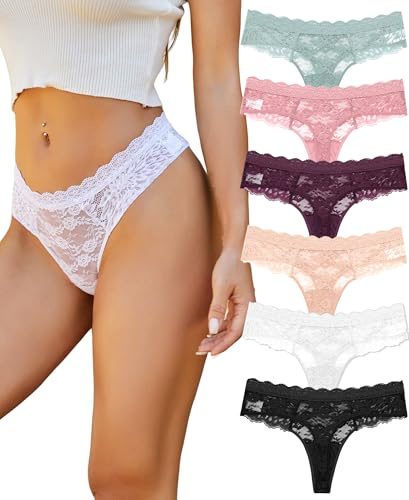 ALL OF SHE String Tanga Damen Spitze Unterhosen Lace Unterwäsche Thongs | Sexy Unterwäsche Für Frau,Niedrige Taille,Weich, Atmungsaktiv ,Ideal Für Verabredungen, Den Alltag Und Als Geschenk，6pack