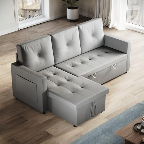 ELEGANT L-Shaped Corner Sofa Bed with Pull Out Sectional, 3 Seater Convertible Futon Settee with Hidden Storage and Side Pocket for Living Room, Light Gray