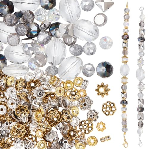 SOFPLATE 1 Schachtel 220 Stück 14 verschiedene Armbandsets Mit Schwarzen Glasperlen Sortierte Kristallperlen 80 Blütenkappen 80 Strass Abstandshalter Kristallprismen Abstandshalter Für Schmuckherstell