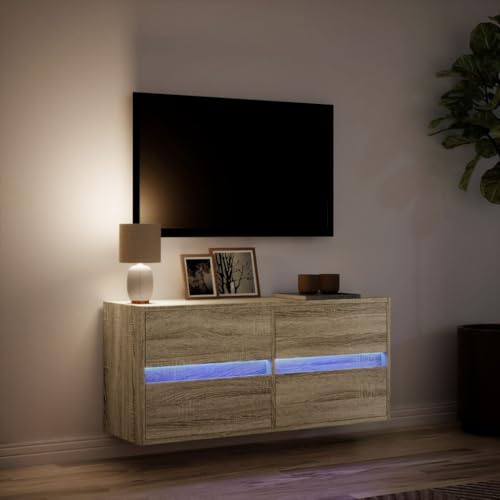 ZXLIHS Meuble TV Flottant avec lumières LED, Meuble TV Mural avec 4 tiroirs, Console multimédia de Divertissement de 100 cm, Grand Banc TV de Rangement pour Salon Bureau – Marron