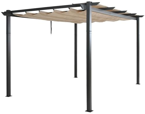 BERLINLODGE Aluminium Pergola | stabiles 8cm-Gestell | Schiebedach | UV50+ | BxT 4x3m | Creme-Beige | Gartenpavillon Pavillon Garten