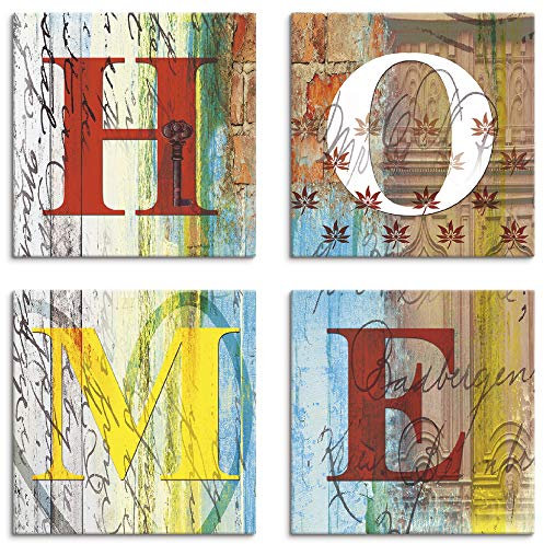 ARTLAND Wanddeko Leinwand Bilder Set 4tlg. je 40x40 cm Quadratisch Bilder mit Sprüchen Buntes Zuhause J5BQ