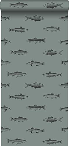 ESTAhome Tapete Federzeichnung Fisch Graugrün und Schwarz - 128874-0,53 x 10,05 m