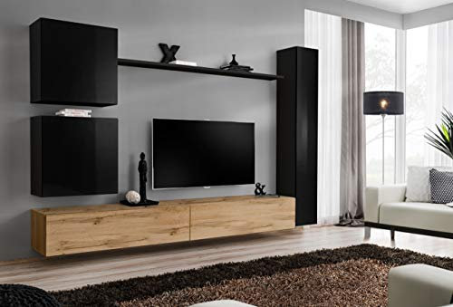 All4All Wohnwand SW 8 - Wohnzimmermöbel - Schrankwand für Wohnzimmer - Wohnzimmerschrank - Anbauwand Hängend - Modern Schwarz+Wotan 21