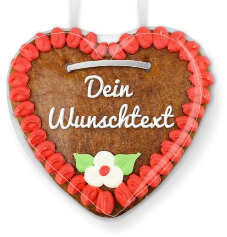 Lebkuchenherz mit Wunschtext und Zuckerguss-Deko, ca. 14x15 cm, rot | LEBKUCHEN WELT Bis zu 20 Zeichen eingeben, wir beschriften das Herz. Fertig verziert. Ideal zum Verschenken.