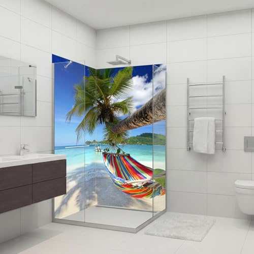 dedeco Eck-Duschrückwand wasserfest Motiv: Strand V4, 2 x 90x200 cm, Badrückwand, Fliesenersatz fugenlos Wandverkleidung Duschplatte Duschrückwände aus Aluminium, Made in Germany