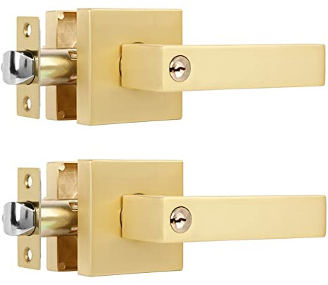 Heittis Gold-Türgriffe innen mit Schlüsseln (gleichschließend), Außentürgriffe, Messing-Türknäufe, goldfarbene Türknäufe innen und verriegelt innen mit Knopf, Links- oder Rechtshänder, 2 Stück