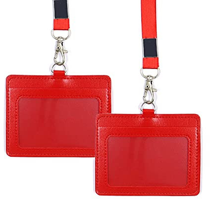 2 porte-badge double face en cuir synthétique de 10,4 x 8,4 cm avec cordon tour de cou - Porte-badge horizontal en cuir véritable pour l'école, le bureau (Red)