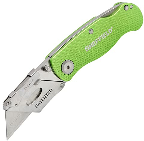 Sheffield Folding Utility Knife, Accepts Standard Utility Knife Blades, Box Cutter Aluminum Handle, Razor Blades Included, For Home, Office, Trades, and Warehouse