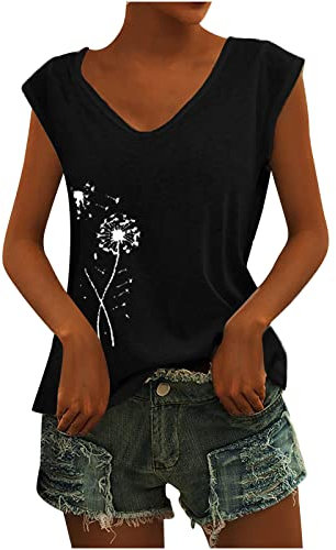 KOG Bluse Damen Elegant Drucken Tshirt T-Shirt Casual V-Ausschnitte Tunika Weste Frauen Mode Motiv Vintage Frühling Kleidung Oberteil Bekleidung Fraun Locker Sommer Tank Top Black XL