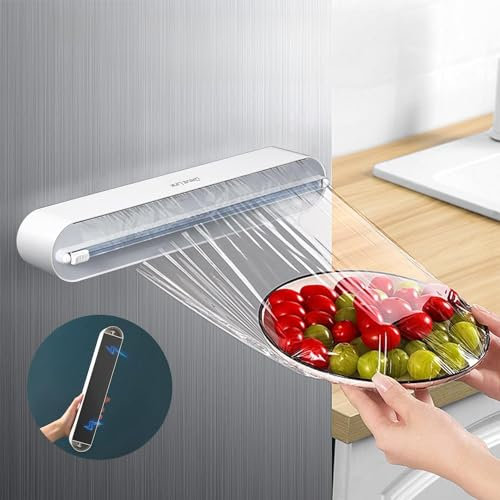 ICH Magnetic Plastic Wrap Dispenser with Cutter Contains a 12 X 328' Roll of BPA Free Food Cling Film, Reusable Kitchen Plastic Wrap Organizer