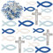 YACA 160 Stück Holz Fische Kreuz Deko, Streudeko Kommunion, Konfirmation Deko Taufe Deko, Tischdeko Taufe, Deko Taufe Junge, Blau Streudeko Fische Kreuz für Taufe Kommunion Konfirmation (Blau Weiß)
