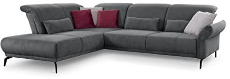 CAVADORE Ecksofa Cooper / Luftige Eckcouch mit Ottomane links, Armteilverstellung, Kopfteilverstellung und Sitztiefenverstellung / 294 x 88 x 242 / Cord, Dunkelgrau