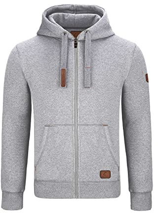 GYMAMBA Warme Sweatjacke Herren mit Lederpatches, Kapuze und durchgängigem Reißverschluss hellgrau