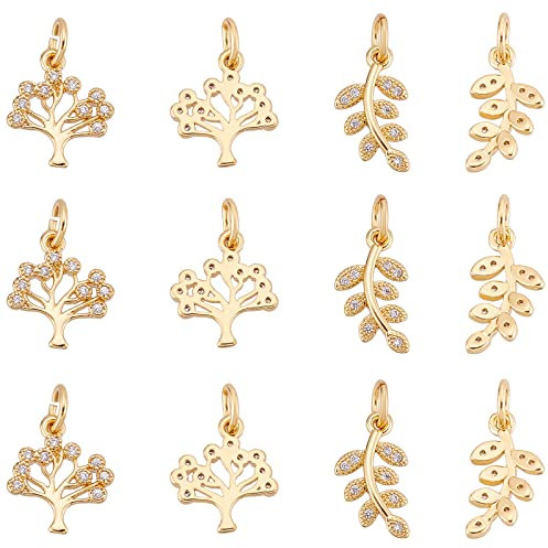 SUPERFINDINGS 12 Stück 2 Stile Zirkonia Messing Blatt Charms Monstera Blatt Charms Strass Baum Charms Für Die Schmuckherstellung Tiny Dangle, Bohrung: 3 mm