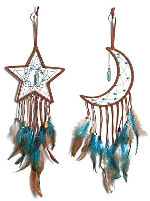 Traumfänger Feder Dreamcatcher Handgefertigt Dreamcatcher, Sterne Mond Traumfänger Für Schlafzimmer, Wandbehang, Dekoration, Ornamente, Basteln (Sterne und Mond)
