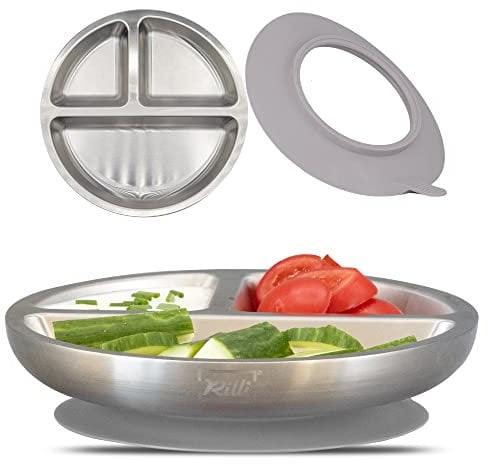 Rilli Edelstahl Saugnapf BLW Teller, rutschfestes Baby Geschirr, Baby Saugnapf Geschirr (grau)