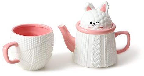 TUCHACA Tetera de conejo de dibujos animados, juego de té y taza individual con filtro para remojar hojas sueltas, tetera de 400ml, taza de 300ml.
