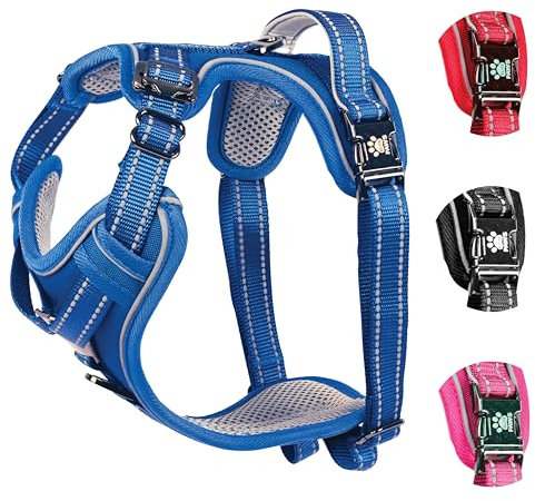 Elite Paws® UK: Premium Metal Buckle Dog Harness, Strong, Safe, Padded, Comfortable, Adjustable, Reflective, Front/Back Lead Attachments, Soft Handle, Pet Walking Vest/Training Product (Blue, Large)