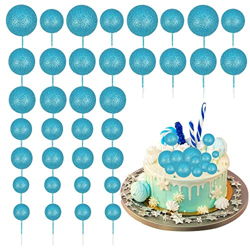 30Pcs Glitter Balls Cake Topper DIY Cake Insert Toppers Ball Cake Picks Cupcake Topper for Birthday Party Baby Shower Wedding Cake Decoration Blue