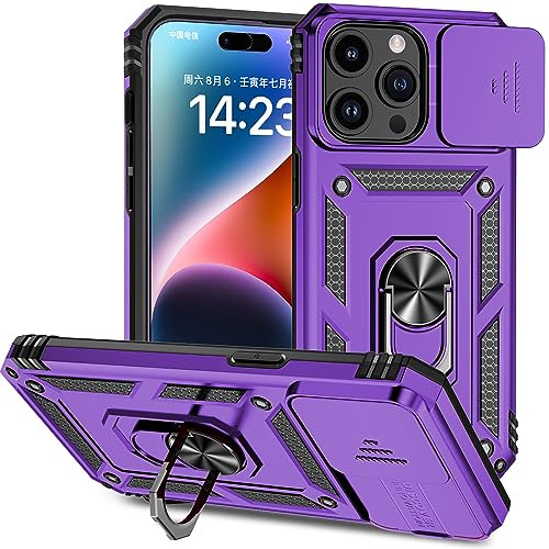 Hitaoyou Phone Case for iPhone 15 Pro, iPhone 15 Pro Case with Camera Cover & Kickstand Military Grade Shockproof Heavy Duty Protective with Magnetic Car Mount Holder Cover Purple