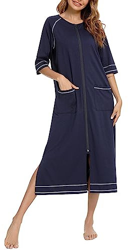 KBOPLEMQ Damen Reißverschluss Bademantel 3/4 Ärmel Hauskleid in voller Länge Nachtwäsche Duster Hausmantel mit Taschen Ganzkörpermantel aus weicher Baumwolle mit Taschen Nachtwäsche Sleepwear
