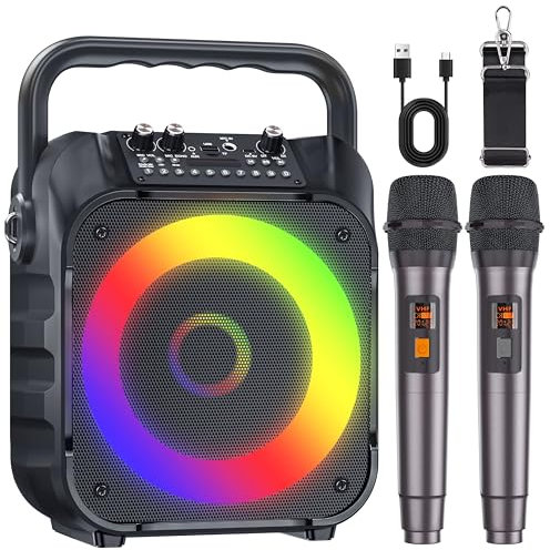 Máquina de karaoke con dos micrófonos inalámbricos, máquina de karaoke portátil para adultos y niños, altavoz Bluetooth portátil con sistema PA, luces LED, compatible con tarjeta TF/USB, entrada AUX,