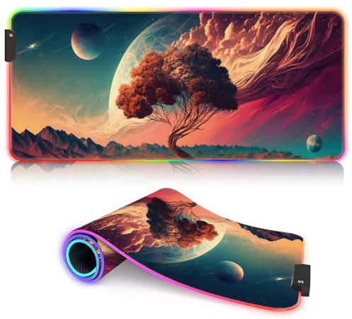 Tappetino per mouse XL RGB LED grande tappetino per mouse 14 modalità di illuminazione estesa tappetino per mouse base in gomma antiscivolo e tappetino da scrivania per gaming Macbook PC Fantasy
