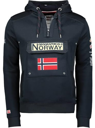 Geographical Norway GYMCLASS - Felpa con cappuccio e tasca a marsupio da uomo, con logo della marca e maniche lunghe, Blu navy, L