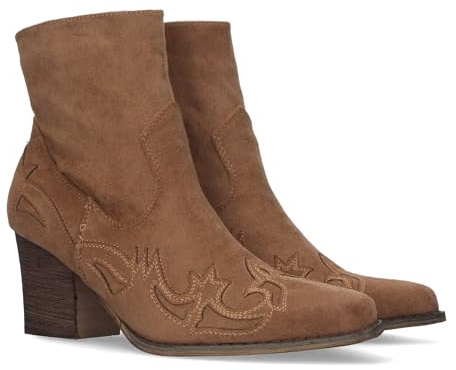 Stivali da Cowboy da Donna con Tacco Medio, Decorazioni in Stile Cowboy sulla Punta e sul Tallone e Chiusura con Cerniera. Cammello Talla 40