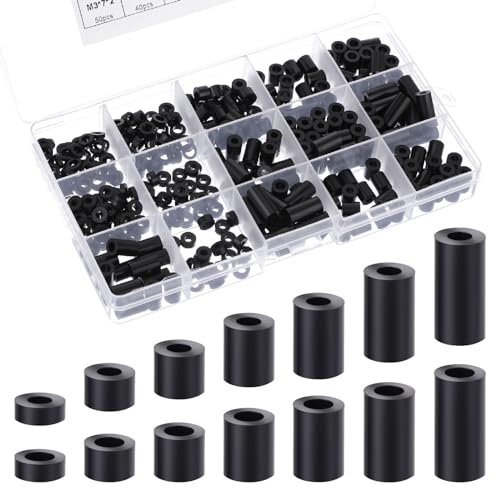 345 Pcs Black Nylon Spacers M3/M4 Plastic Spacers, Insulation Abs Round Spacer Screw Spacers, Washers Assortment Kit Unthreaded for Electrical Screws, Switch and Receptacle, 14 Kinds Different Size