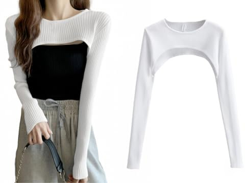 SamHeng Women Crop Top Long Sleeve Round Neck Half Shirt Cover Up Shirt Top Slim Fit Mesh Top for Swim Beach Party Clubwear Rave Outfits, White