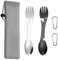 2 Pieces Stainless Steel Multifunctional Fork and Spoon Can Opener with 2 Carabiners, 1 Piece Storage Bag, Integrated Cutlery, Suitable for Outdoor, Hiking (Silver, Black).