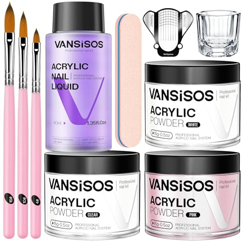 Acrylic Nails Set for Beginners: Acrylic Powder and Liquid Set, White, Pink, Transparent, Professional Acrylic Nails Set with Acrylic Nail Brushes for DIY
