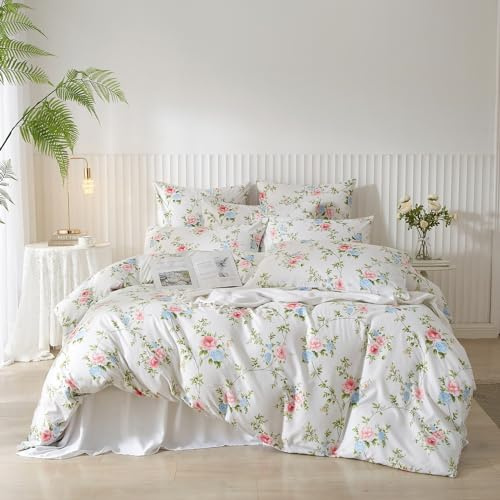 DXHOME Parure de lit florale 135 x 200 cm Renforce Blanc Bleu Fleurs Roses Motif Plantes Vertes Parure de couette d’été en microfibre douce pour lit simple Housse de couette de luxe avec fermeture