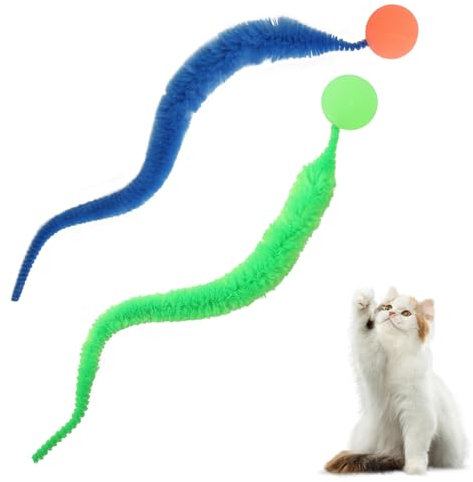 2 Stück Typisierter Wackelball für Katzen, Katzenspielzeug Ball mit Raupenschwanz, Einfarbiges Wiggly Ball für Katzen, Katzenspielzeug Selbstbeschäftigung für Haushalt Zoohandlung (Grün Blau)