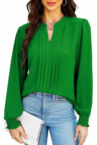 Teesho Damenblusen Elegant V-Ausschnitt Casual Langarm Oberteile Plissee vorne Arbeit Shirts Tunika Hemd Tops (Intensives Grün/XL)