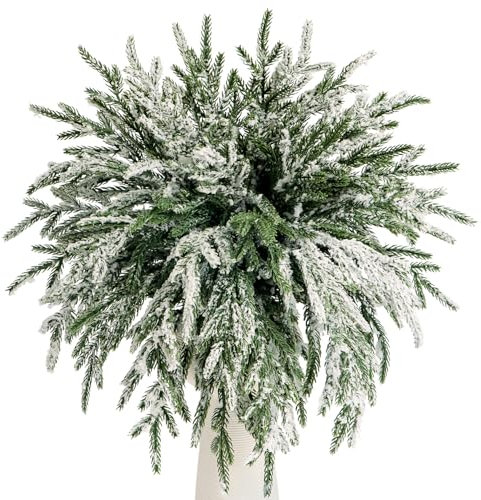 KKSTY 24PCS Snowy Norfolk Pine Stems Frosted Tree Filler Branches Christmas Foliage Picks Greenery Decoraitons for Xmas Garland Wreath DIY Crafts Home Decor