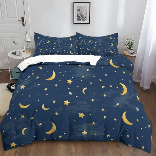 Bettwäsche Set 135x200cm Dunkelblau Mond Sterne 3D Polyester Baumwolle Bettbezug Sets, Weich Atmungsaktiv Bettbezüge mit 2 Kissenbezug 80x80 cm, für alle Jahreszeiten