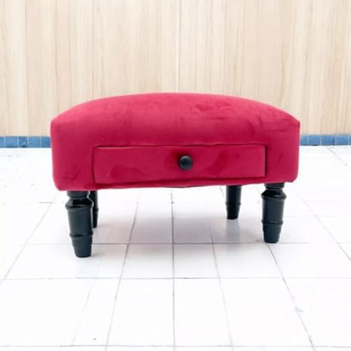 AcaciaHome Stylish and Durable Velvet Ottoman Footstool with Drawer - Solid Wood Frame, Removable Legs with Shabby Chic Design, Quality Upholstery for Living Room, Office, Home Decor (Red)