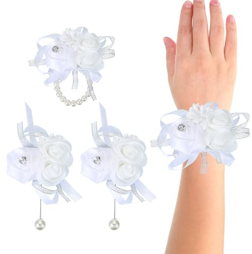 PATIKIL 4 Stück Handgelenk-Korsage und Boutonnieres Set Hochzeit Weiß | Braut Brautjungfer Mutter der Braut und des Bräutigams, Seidenrosen Handgelenk Perlen Blumen Zeremonie