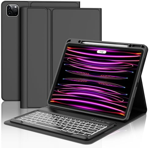 IVEOPPE Tastiera iPad Pro 12.9, Cover Tastiera Retroilluminata Bluetooth Rimovibile per iPad Pro 12.9 2022/2021/2020/2018, Nero