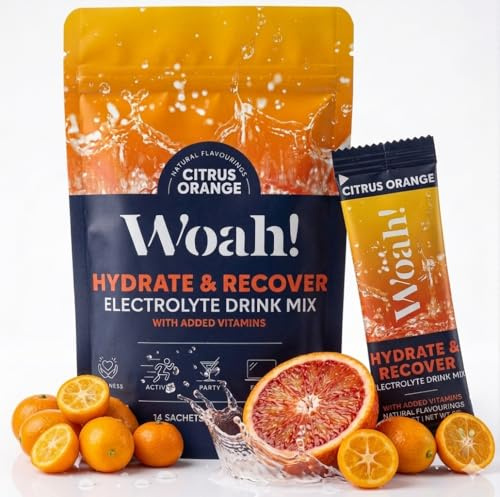 WOAH Electrolyte Powder Sachets | Oral Rehydration Salts (ORS) | WHO Hydration Formula | 5 Electrolytes + 5 Vitamins | Low Sugar | Citrus Orange | 14 Sachets