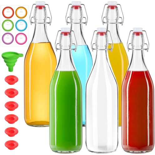 TOEKSIX 6Pack 1000ml/32oz Swing Top Glass Bottles,Glass Bottles with Stoppers Lids,Glass Beer Bottle with Airtight Rubber Seal Flip Caps for Home Brewing Kombucha,Beverages,Oil,Vinegar,Wine,Cider,Soda