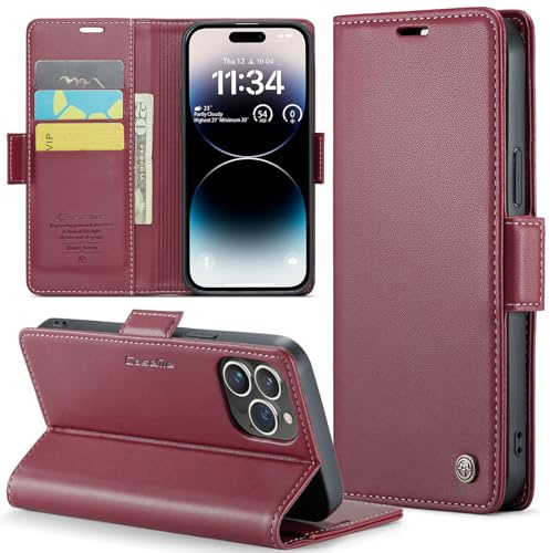 Phernykas Handyhülle für iPhone 14 Pro Hülle Leder,Magnetische Klapphülle mit kartenfach und Standfunktion Smartphone Schutzhülle Lederhülle iPhone 14 Pro Flip Book Case (Rot)