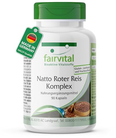 fairvital Natto Roter Reis Komplex, 90 Kapseln, schluckfreundlich, mit Monacolin K und Nattokinase, qualitätsgeprüft und hochdosiert, 100% vegan, Made in Germany