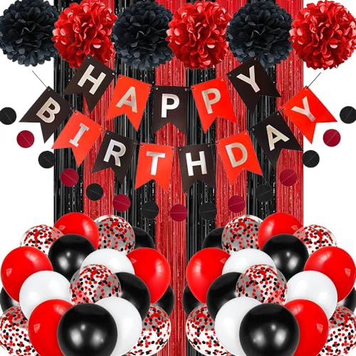 Geburtstag Dekoration Set, Mann Frauen Geburtstagsdeko, Schwarz Rot Happy Birthday Banner, Luftballons DIY Party Papier Pompoms Lametta Vorhang für Jungen Mädchen Geburtstag Deko Party Supplies